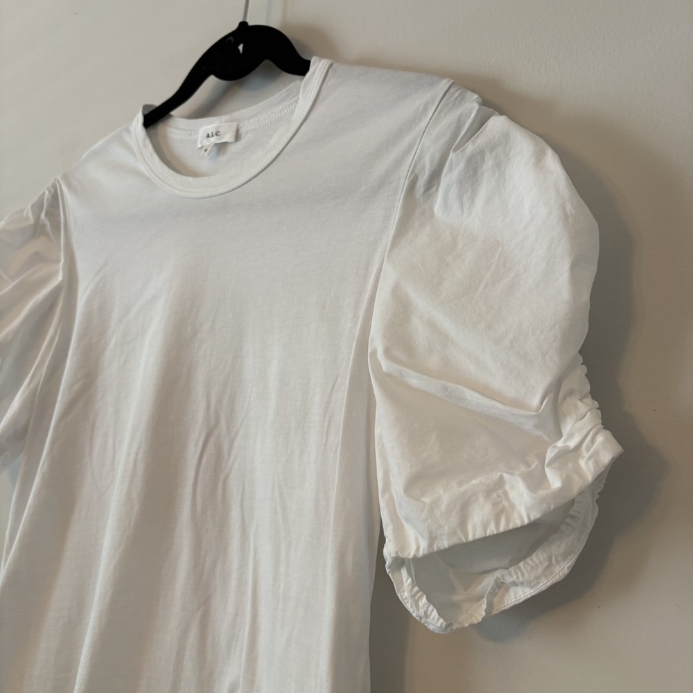ALC 100% Cotton Ruched Puff Sleeve Top White M Minimalist Chic Career Staple USA - Picture 5 of 8